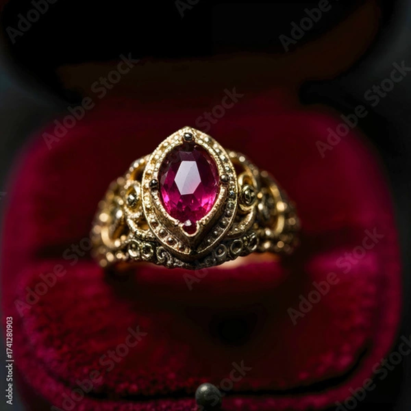 Obraz Ornate Gold Ring with Red Gemstone in Velvet Box