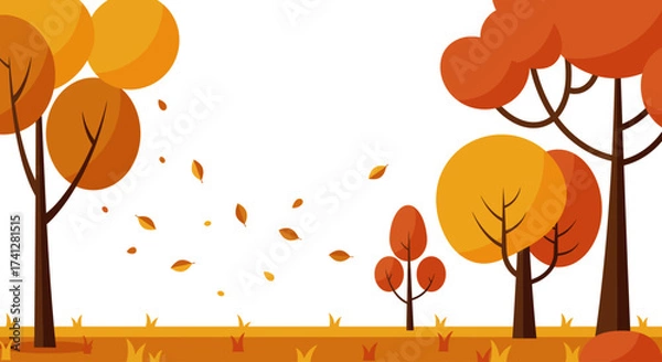 Obraz Flat vector illustration of autumn trees with falling leaves, simple clean design, white background, minimal style