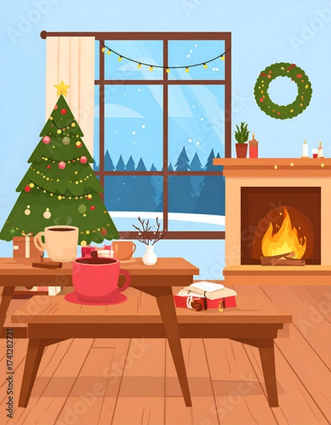 Fototapeta Cozy Christmas Scene with Fireplace and Decorated Tree.