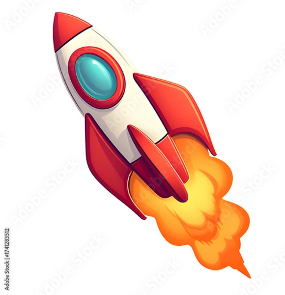 Fototapeta Cartoon space rocket blasting off. Fiery ascend through the skies.