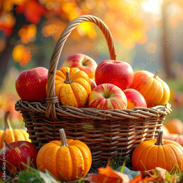 Obraz Autumn Harvest Basket with Apples and Pumpkins in a Vibrant Fall Setting.