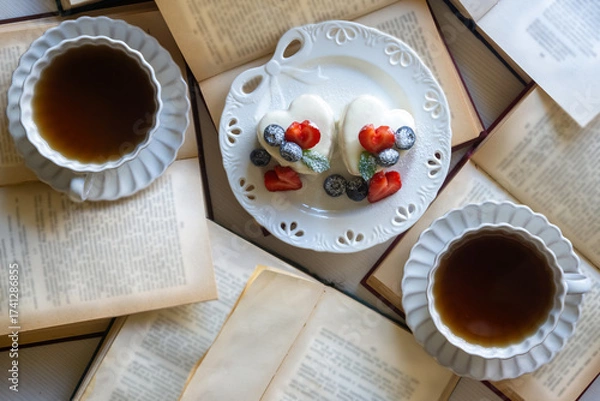 Fototapeta Red currant cake and a cup of aromatic tea in a porcelain cup on the table.