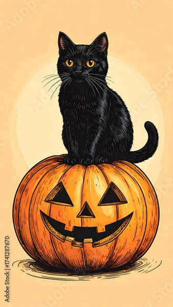 Obraz Black Cat Sitting on a Spooky Halloween Jack O Lantern Pumpkin.