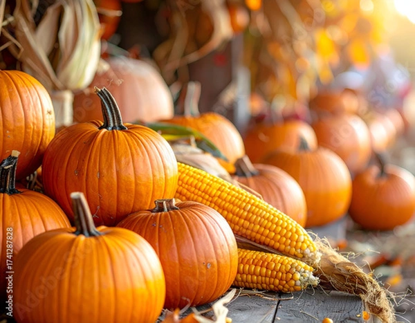 Obraz Autumn Harvest Display with Pumpkins and Corn.