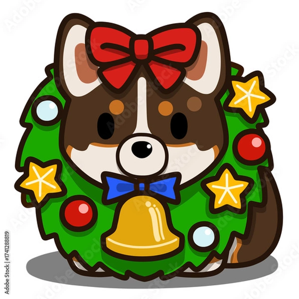 Fototapeta クリスマスリースを首にかけたコーギー(トライカラー)