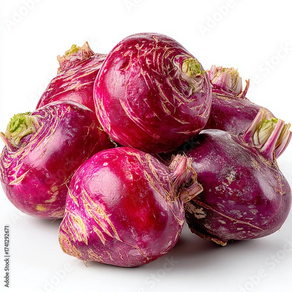 Fototapeta A close up shot of a pile of red turnips against a white background in a studio setting today