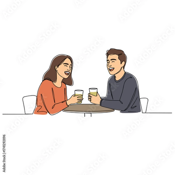 Fototapeta Young couple laughing while toasting with drinks at café table  