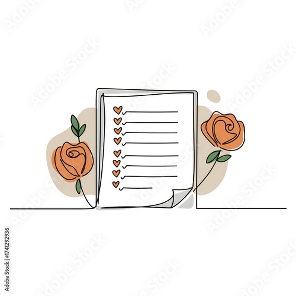 Fototapeta Checklist with decorative roses in minimalist style on white background  