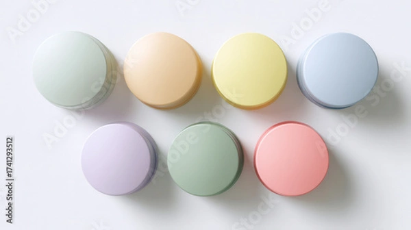Fototapeta Colorful pastel plastic round caps arranged in an artistic display of soft hues on a plain white surface