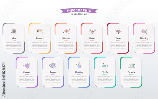 Fototapeta Infographic 11 step timeline journey, calendar Flat simple infographics design template. presentation graph. Business concept with 11 options, number vector illustration.