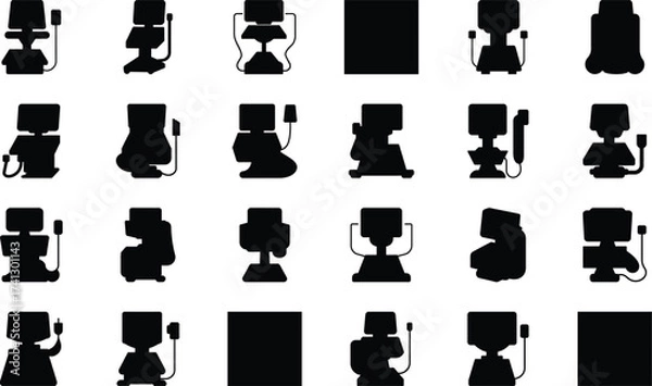 Fototapeta Medical and Hospital Equipment Icons Set – Bandage, Wheelchair, Mask, Bed, Syringe, Scissors, Microscope, Gloves, Nurse Cap, Tooth, Stethoscope, Scalpel, Oxygen Cylinder, Medical Tools, and Healthcare