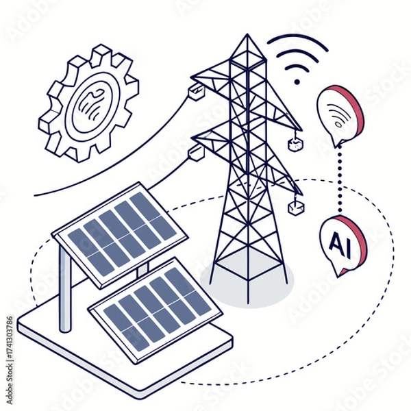 Obraz Vector art of isometric illustration depicting the integration of solar panels with smart power grids, enhanced by artificial intelligence and wireless communication