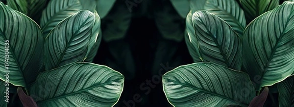 Obraz Symmetrical Calathea Ornata Leaves A Study in Botanical Symmetry and Dark Green Elegance A Mirror of Nature. Generative AI