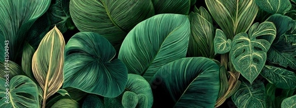 Obraz Lush Tropical Foliage in Verdant Hues A Botanical Symphony of Textures and Deep Greens. Generative AI