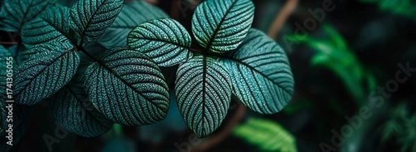 Obraz Striking Teal Leaves with Dark Veins Exhibit a Unique Pattern and Texture in a Botanical Garden Setting. Generative AI