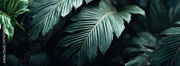 Obraz Lush Tropical Foliage A Symphony of Green Hues and Delicate Textures in a Dark and Mysterious Setting. Generative AI