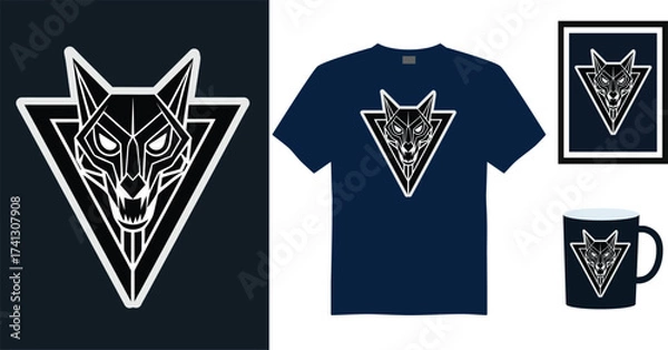 Obraz Stylized Tshirt mockup wolf skull with geometric triangle dark mockups tribal