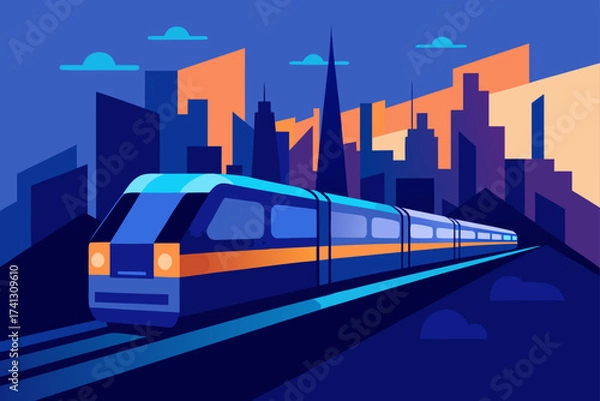 Fototapeta Modern train speeding through a stylized cityscape