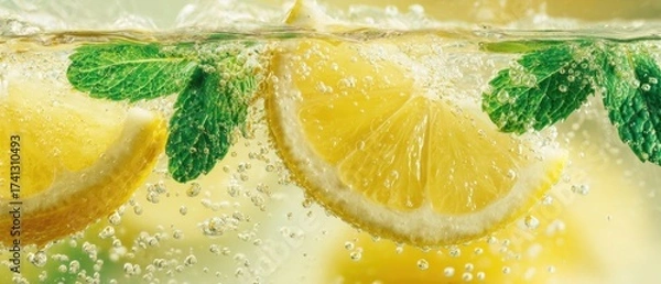 Obraz The Lemon Infused Sparkling Water with Fresh Mint Slices in Oceanic Bubbles