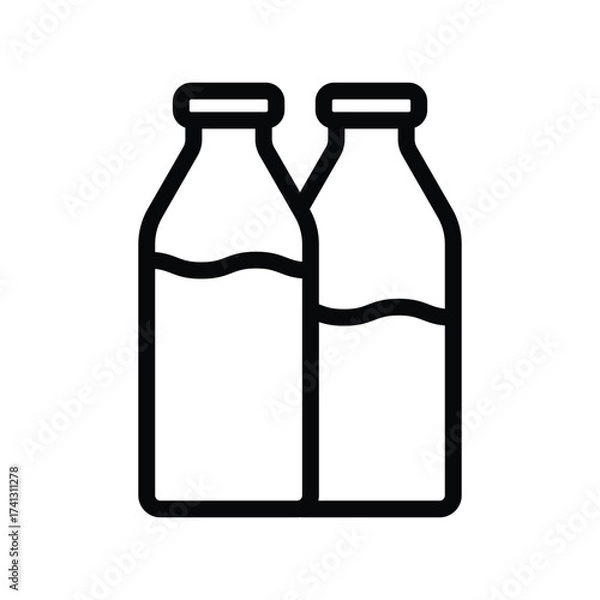 Fototapeta Two milk bottles partially filled are depicted with a simple bold outline