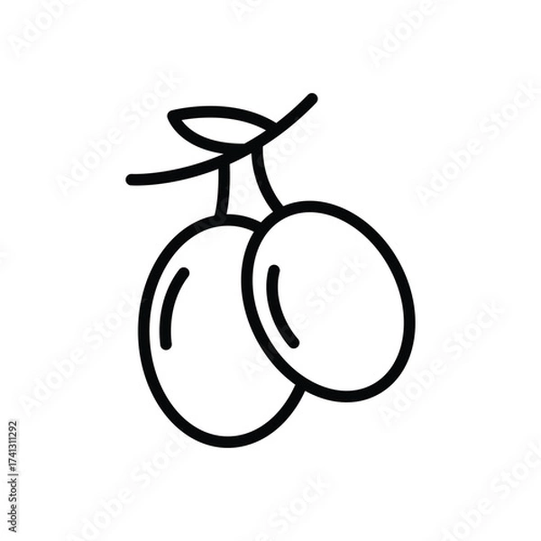 Fototapeta Two olives outlined in black hang from a slender stem and leaf