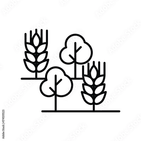 Fototapeta Two stylized trees flank two wheat stalks on a flat surface