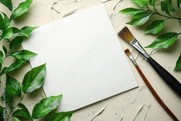 Fototapeta Blank paper sheet with paint brushes and green leaves on textured table