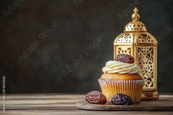 Fototapeta Cupcake with date and golden lantern on wooden board against dark background