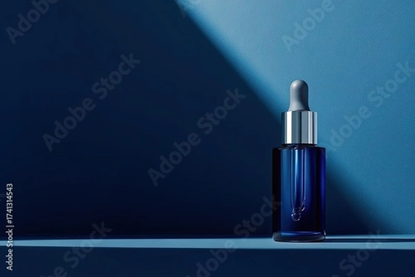 Fototapeta Blue glass bottle with dropper on the blue background in studio shot