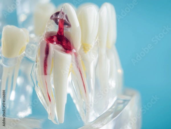 Fototapeta Detailed dental model showing tooth anatomy with nerves and pulp on a blue background.