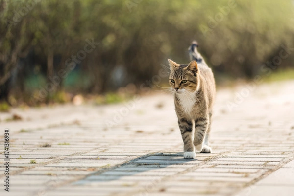 Fototapeta Cat walking confidently along a sunny paved path with greenery in the background.