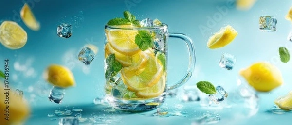 Obraz The Lemon Mint Infused Glass Cup Brimming with Fresh Slices and Ice