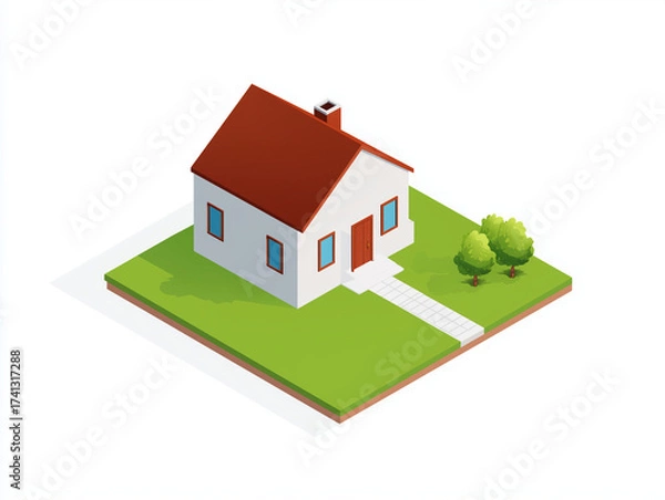 Fototapeta Isometric illustration of a small house with a red roof on a grassy plot.