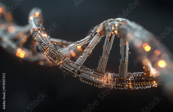 Fototapeta Futuristic glowing DNA double helix made of electronic circuits on a dark background.