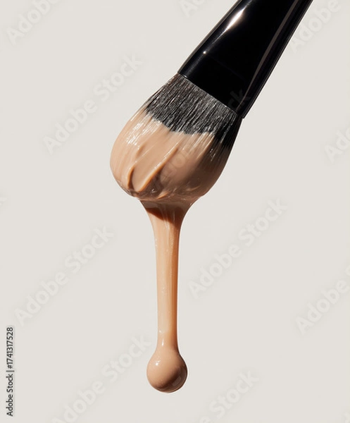 Fototapeta Close-up of a makeup brush with foundation dripping against a neutral background.