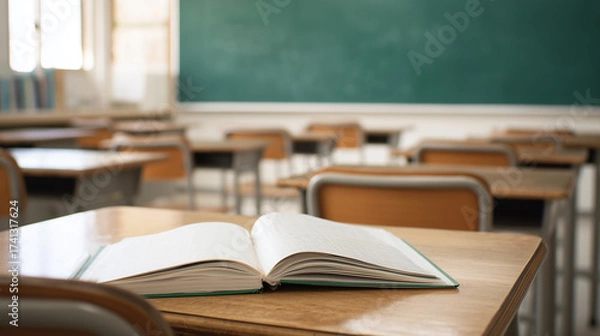Fototapeta Open book on a wooden desk in an empty classroom with a chalkboard in the background.