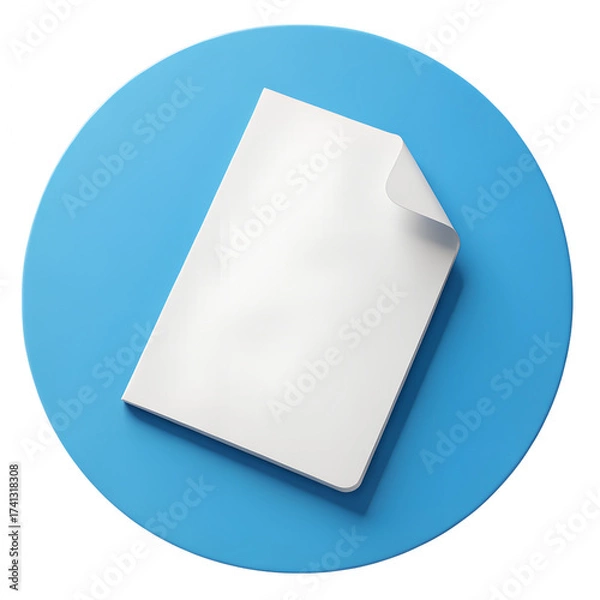Fototapeta A blank white document with a curled corner placed on a bright blue circle isolated on transparent background
