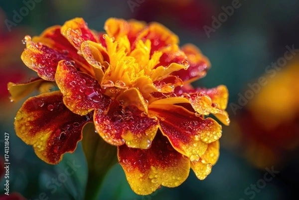Fototapeta A close-up captures a vibrant bloom, showcasing a mix of orange and red petals with dew