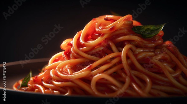 Fototapeta Close-up of spaghetti with tomato sauce and basil leaves in dramatic lighting.