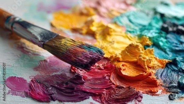 Fototapeta Close-up of a paint brush resting on a palette with colorful, textured oil paint swirls