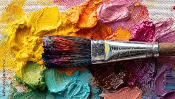 Fototapeta Close-up of a paintbrush atop colorful paint globs on canvas. Textures, bright hues, and artistic detail