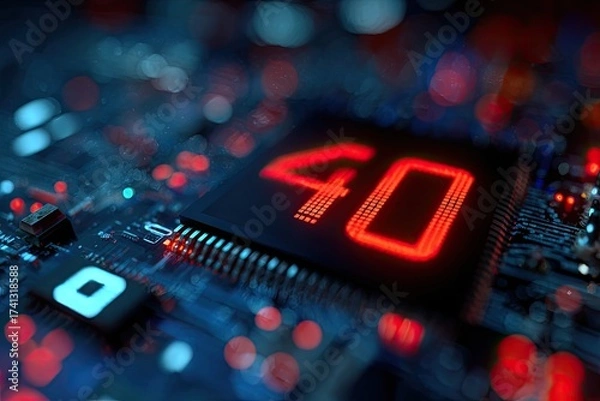 Fototapeta Macro view of electronic circuit board. Glowing "40" on the processor. Focus on tech components