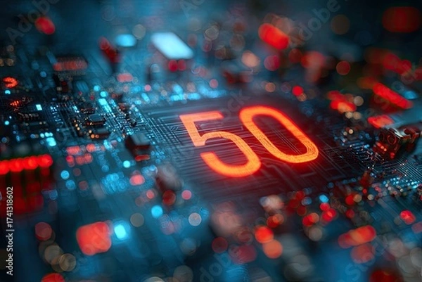 Fototapeta Close-up of an illuminated electronic circuit board with glowing red "50" design