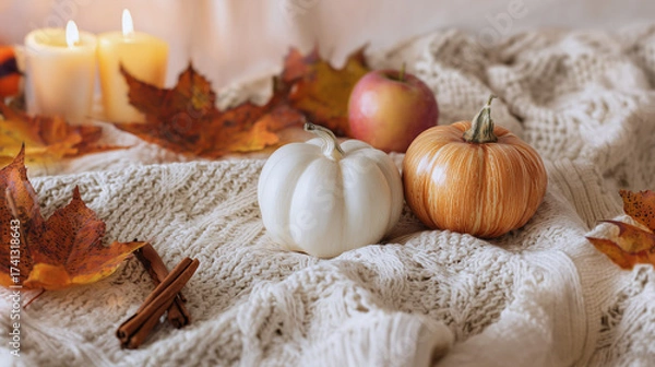Fototapeta Autumn still life with small pumpkins, apples, candles, and fall leaves on a knitted blanket.