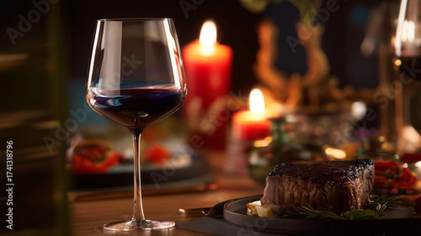 Fototapeta Elegant dinner setting with a glass of red wine and a grilled steak by candlelight.