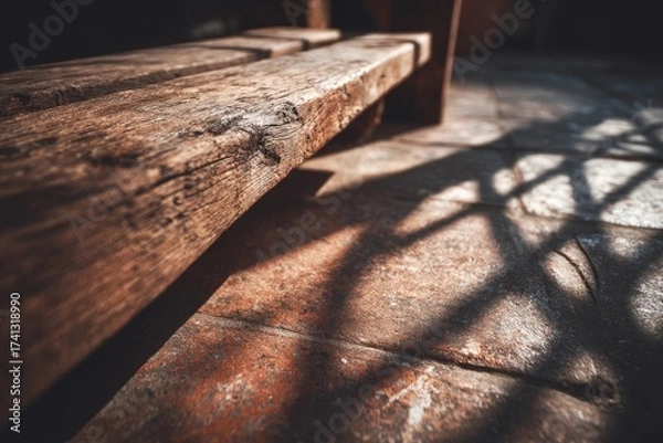 Fototapeta A weathered, wooden bench casts a patterned shadow on textured flooring