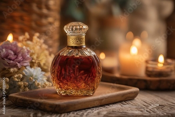 Fototapeta Elegant perfume bottle on a wooden tray with soft focus background of candles and flowers