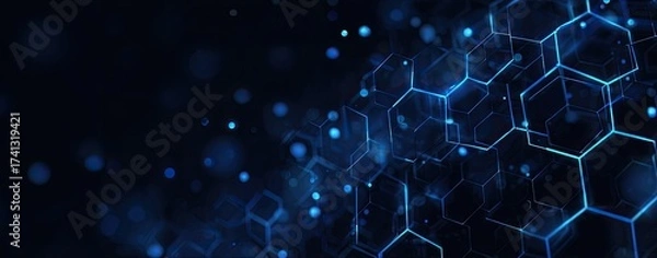 Fototapeta Abstract digital background of interconnected glowing blue hexagonal shapes, and bokeh on dark backdrop
