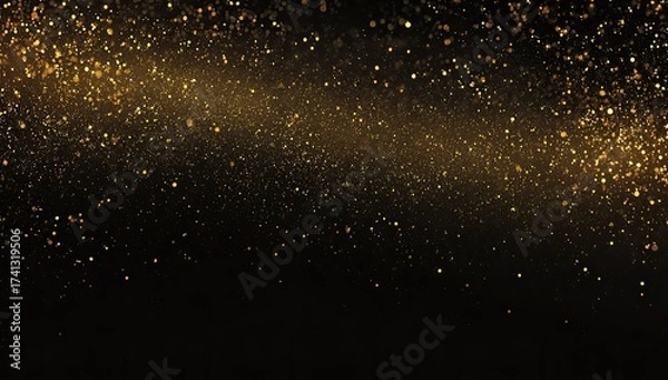 Fototapeta Shimmering, dark abstract backdrop with golden particles descending from upper right