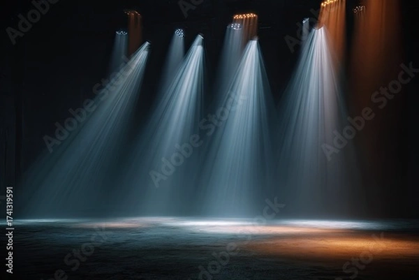 Fototapeta Long exposure stage lighting, a theatrical setting with multiple spotlights shining